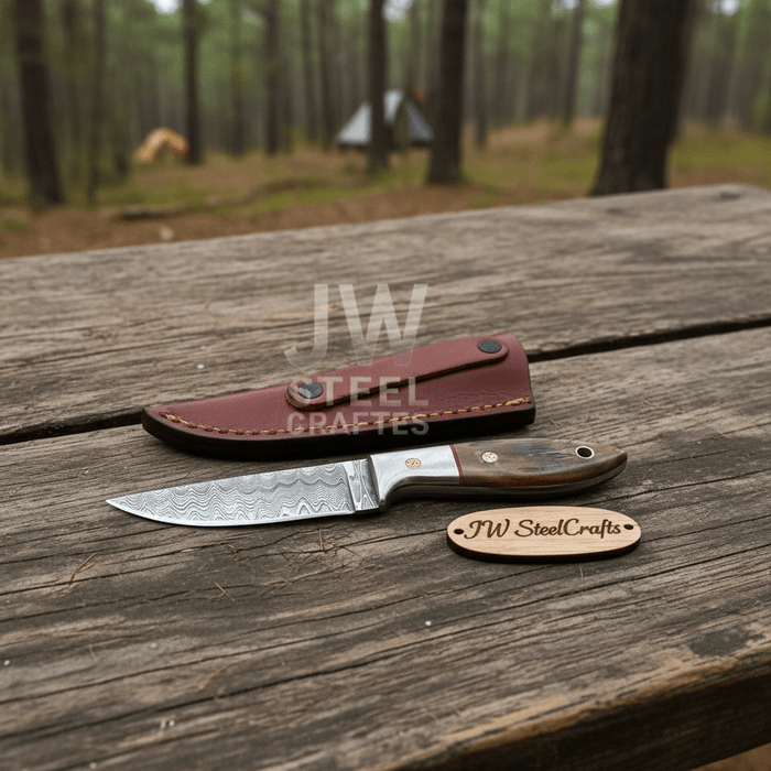 Small Damascus Utility Knife – Rosewood Handle With Leather Sheath
