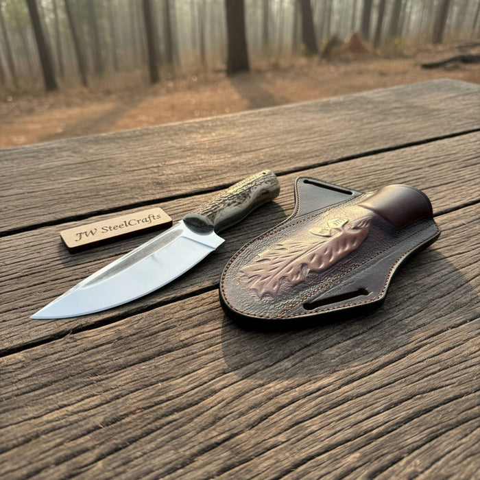 Stag Handle Hunting Knife – Stainless Steel or Damascus Blade | Leather Sheath | JW SteelCrafts
