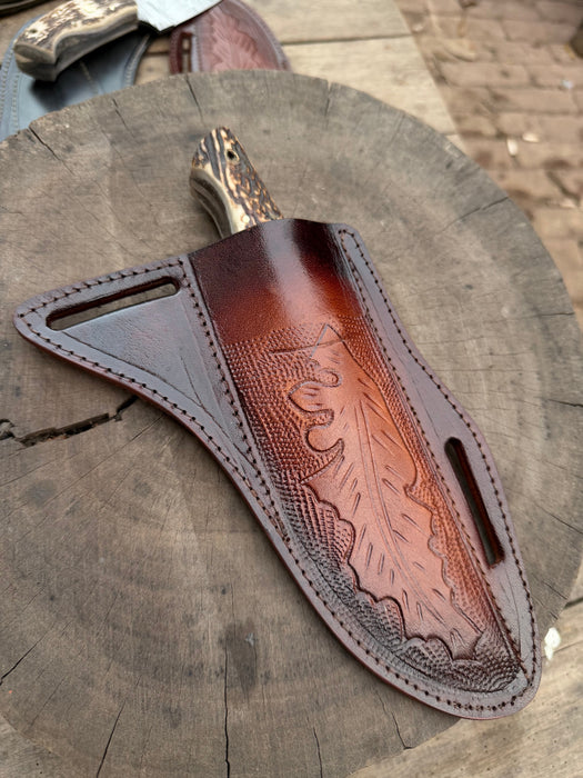 Stag Handle Hunting Knife – Stainless Steel or Damascus Blade | Leather Sheath | JW SteelCrafts