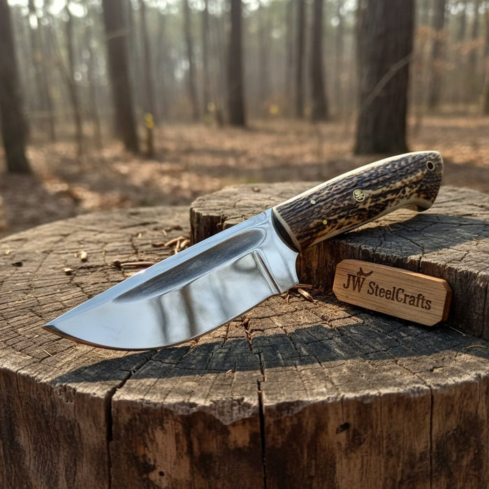 Stag Handle Hunting Knife – Stainless Steel or Damascus Blade | Leather Sheath | JW SteelCrafts