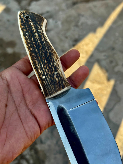 Stag Handle Hunting Knife – Stainless Steel or Damascus Blade | Leather Sheath | JW SteelCrafts