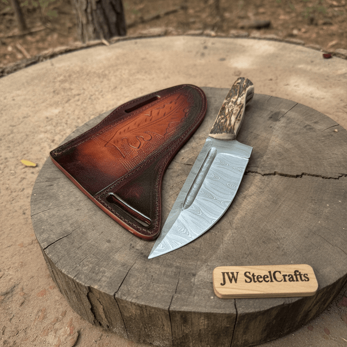 Stag Handle Hunting Knife – Stainless Steel or Damascus Blade | Leather Sheath | JW SteelCrafts