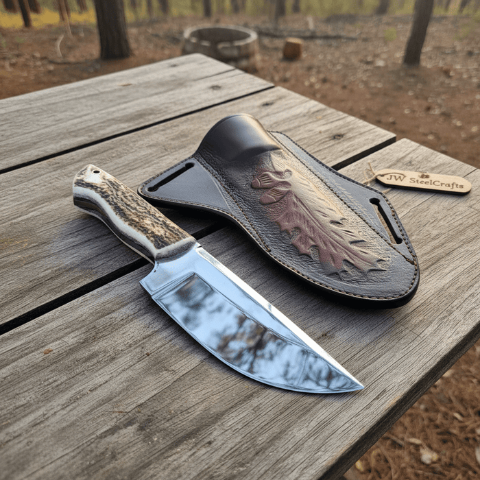 Stag Handle Hunting Knife – Stainless Steel or Damascus Blade | Leather Sheath | JW SteelCrafts