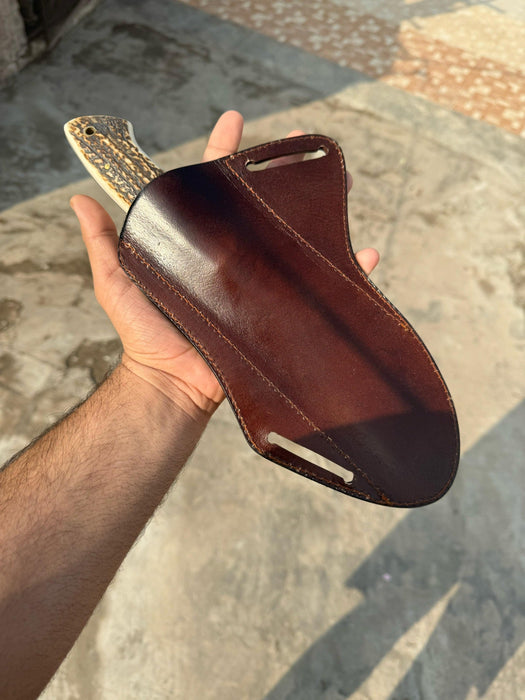 Stag Handle Hunting Knife – Stainless Steel or Damascus Blade | Leather Sheath | JW SteelCrafts