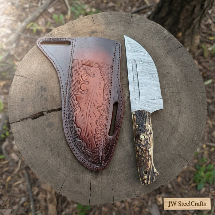 Stag Handle Hunting Knife – Stainless Steel or Damascus Blade | Leather Sheath | JW SteelCrafts