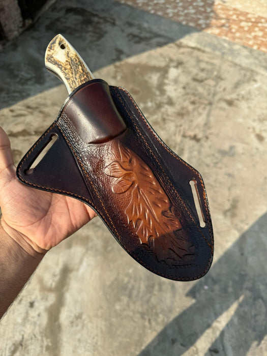 Stag Handle Hunting Knife – Stainless Steel or Damascus Blade | Leather Sheath | JW SteelCrafts