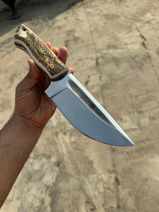 Stag Handle Hunting Knife – Stainless Steel or Damascus Blade | Leather Sheath | JW SteelCrafts