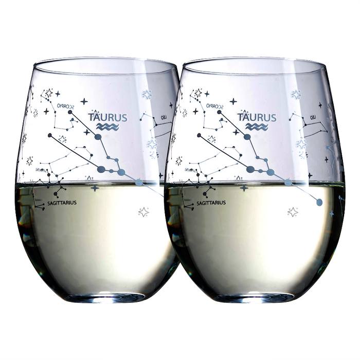 Set of 2 Zodiac Sign Wine Glasses with 2 Wooden Coasters by The Wine Savant - Astrology Drinking Glass Set with Etched Constellation Tumblers for Juice, Water Home Bar Horoscope Gifts 18oz (Taurus)
