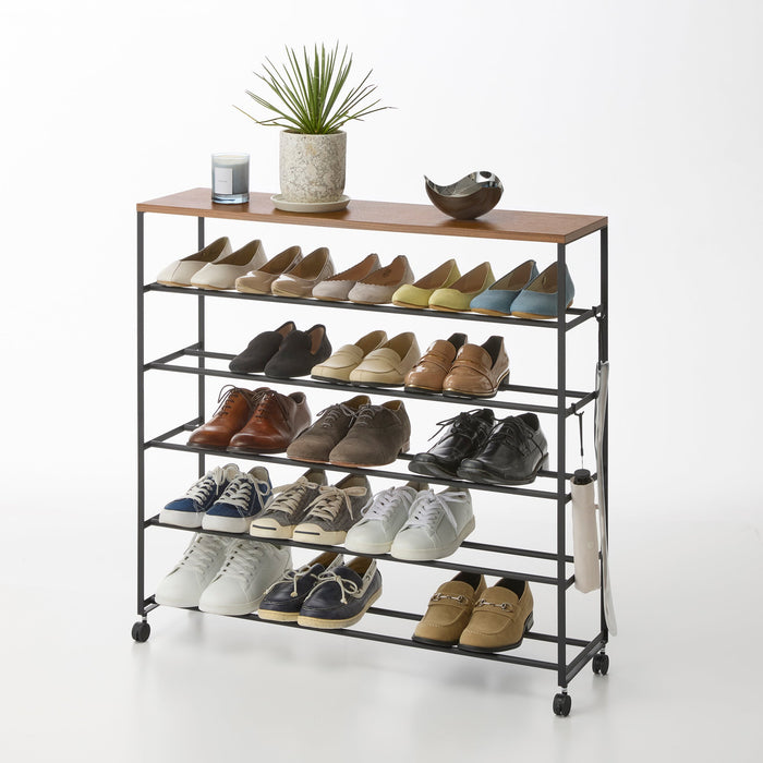 Rolling Five-Tier Shoe Rack (34.25" H)  - Steel + Wood