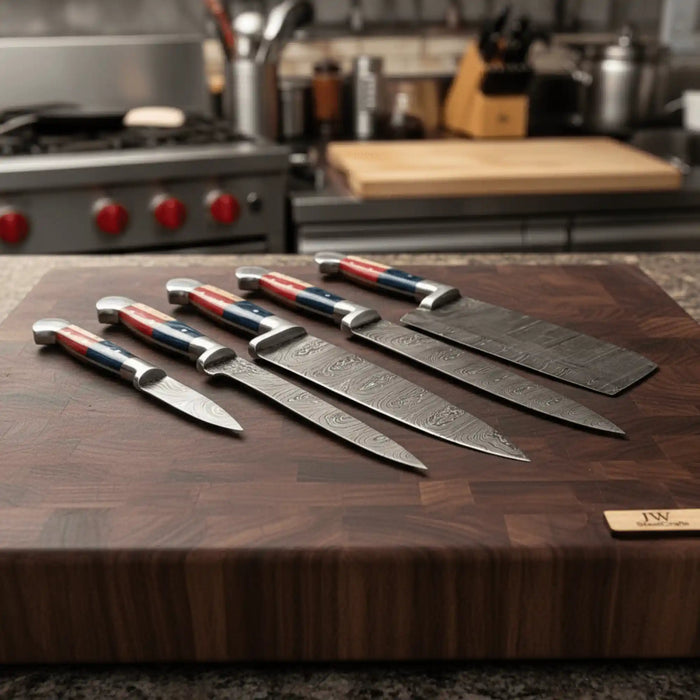 Texas Flag Handle Damascus 5-Piece Knife Set with Leather Kit