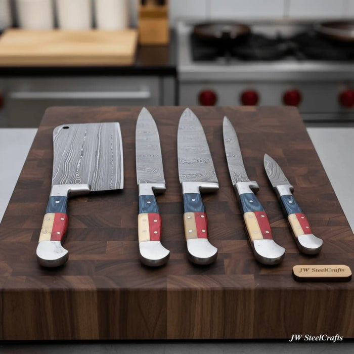 Texas Flag Handle Damascus 5-Piece Knife Set with Leather Kit