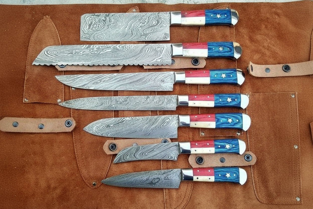 8-Piece Texas Flag Damascus Knife Set with Cleaver, Bread Knife & More, 8 to 13 Inch Blades | JW Steel Crafts