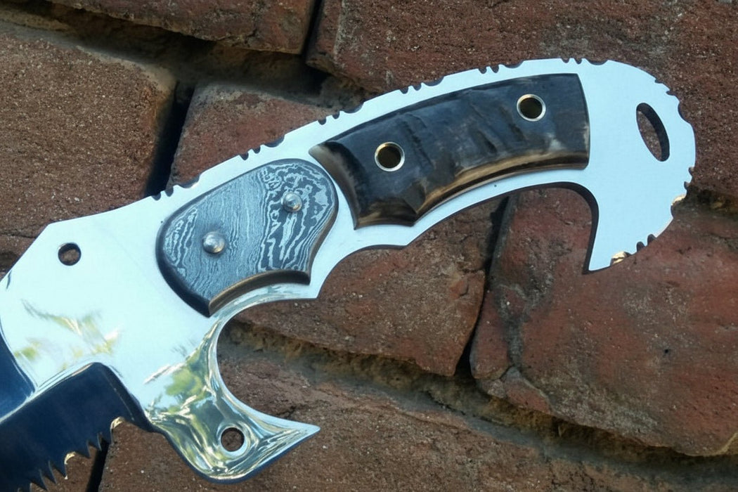 Tracker Knife Custom Handmade J2 Steel  Handle Sheep Horn & Damascus Bolster 13