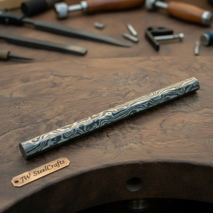 Damascus Steel Rod for Ring Making 10 Inch Round Damascus Bar Handmade Pattern Steel