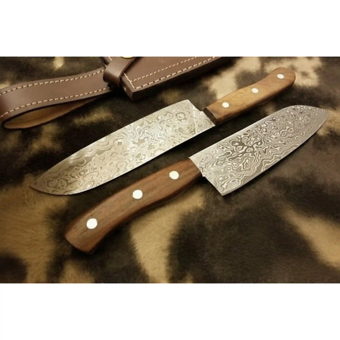 Raindrop Damascus Hunting Knife Set – Trailing Point Skinner & Drop Point Hunter with Rosewood Handles | Full Tang Fixed Blade Pair