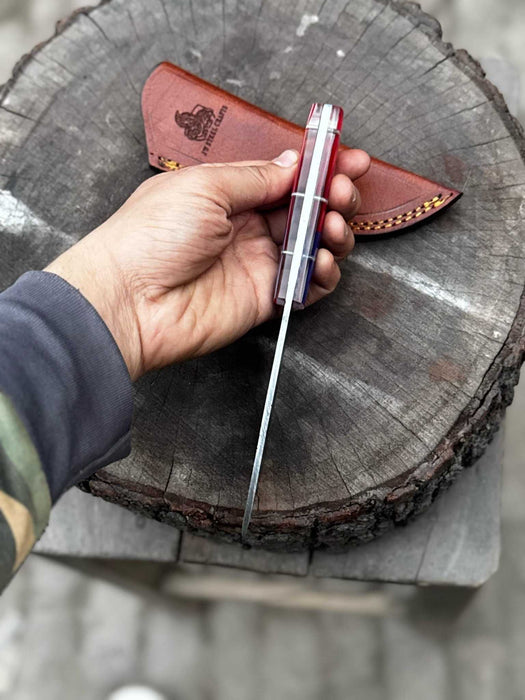USA Handle Outdoor Knife – Handcrafted Damascus Steel Blade | Leather Sheath | JW SteelCrafts
