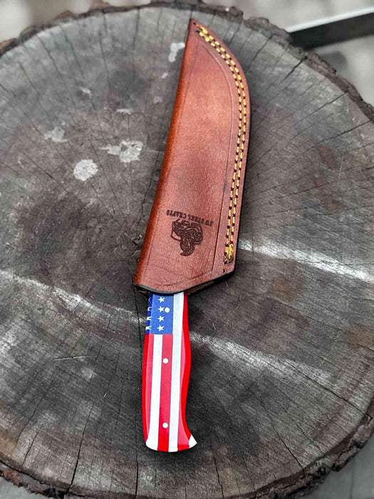 USA Handle Outdoor Knife – Handcrafted Damascus Steel Blade | Leather Sheath | JW SteelCrafts