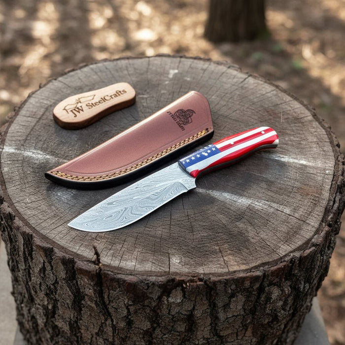 USA Handle Outdoor Knife – Handcrafted Damascus Steel Blade | Leather Sheath | JW SteelCrafts