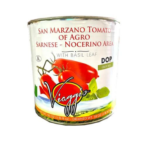Can of Viaggio Brand San Marzano Tomatoes with Basil Leaf, 5 lb 8 oz, DOP certified from Agro Sarnese-Nocerino area, perfect for authentic Italian dishes.