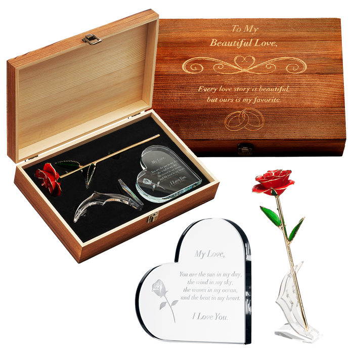 Anniversary, Birthday & Everyday 24K Gold Rose Love Box for Wife, Her, Women - Engraved Wooden Set 'To My Beautiful Love' Inscription, Includes Crystal Heart - For Birthday 1st Anniversaries