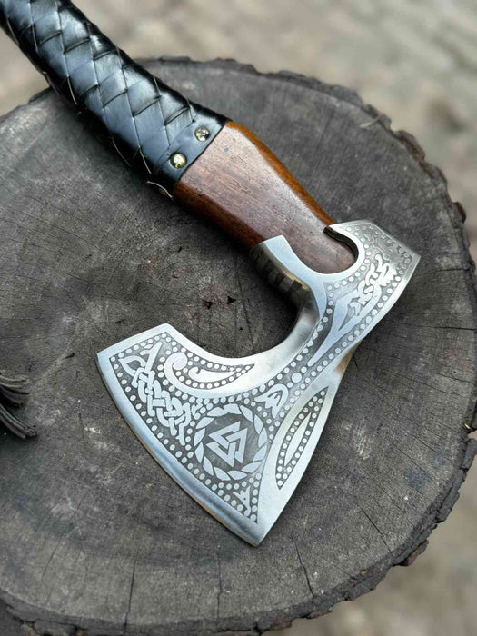 Viking Axe with Leather Wrapped Handle & Engraved Head – JW SteelCrafts