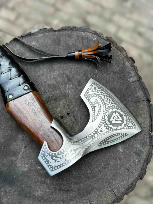 Viking Axe with Leather Wrapped Handle & Engraved Head – JW SteelCrafts