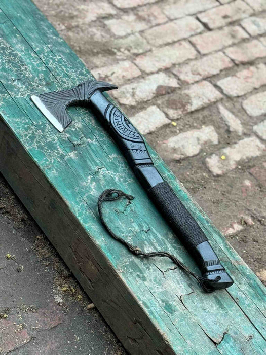 Hand Forged Viking Battle Axe with Carved Black Hardwood Handle