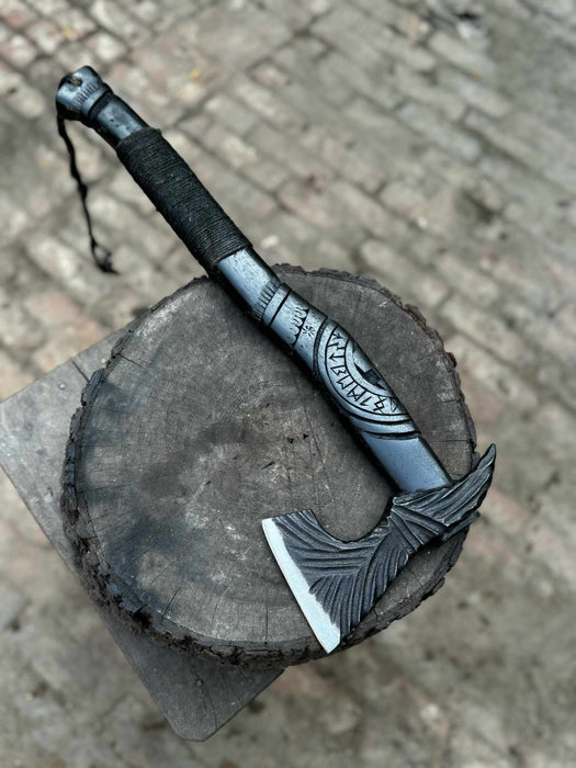 Hand Forged Viking Battle Axe with Carved Black Hardwood Handle