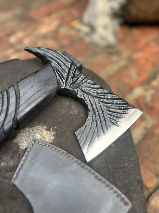Hand Forged Viking Battle Axe with Carved Black Hardwood Handle