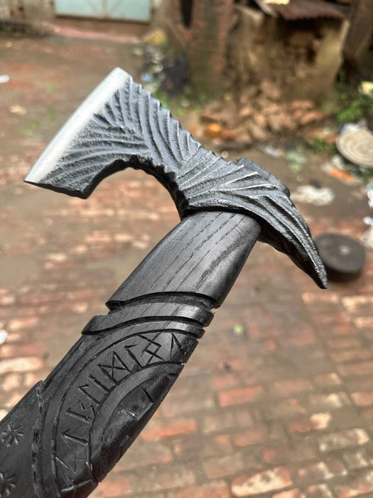 Hand Forged Viking Battle Axe with Carved Black Hardwood Handle