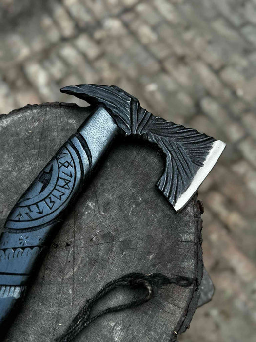 Hand Forged Viking Battle Axe with Carved Black Hardwood Handle