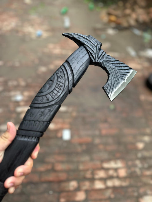 Hand Forged Viking Battle Axe with Carved Black Hardwood Handle