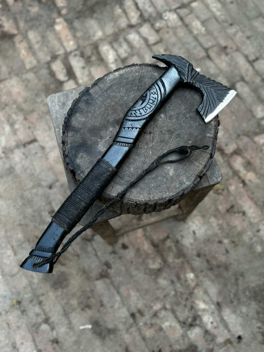 Hand Forged Viking Battle Axe with Carved Black Hardwood Handle
