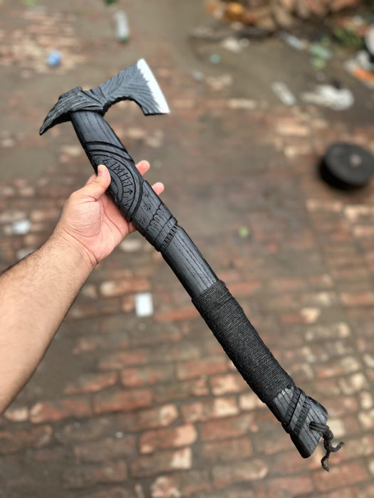 Hand Forged Viking Battle Axe with Carved Black Hardwood Handle