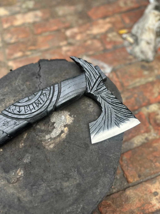 Hand Forged Viking Battle Axe with Carved Black Hardwood Handle