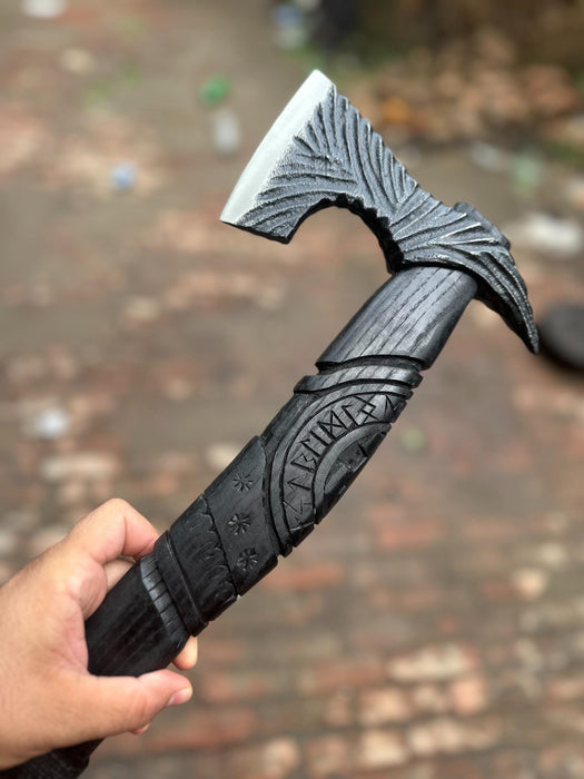 Hand Forged Viking Battle Axe with Carved Black Hardwood Handle