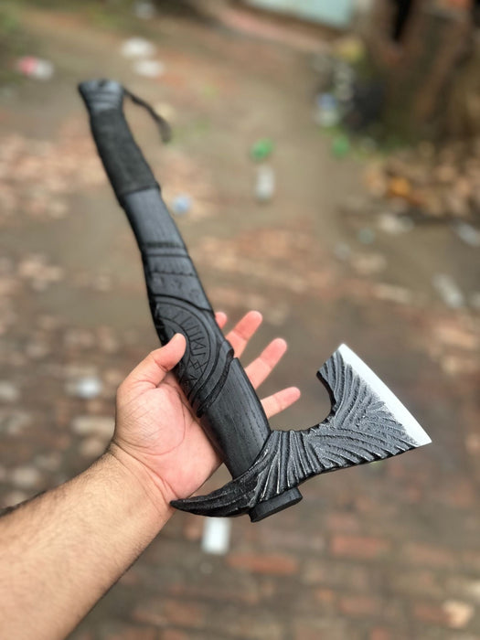 Hand Forged Viking Battle Axe with Carved Black Hardwood Handle