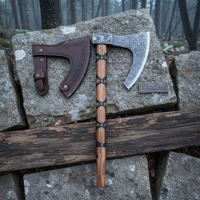 Handmade Damascus Skeggøx Bearded Axe with Leather Wrap and Sheath