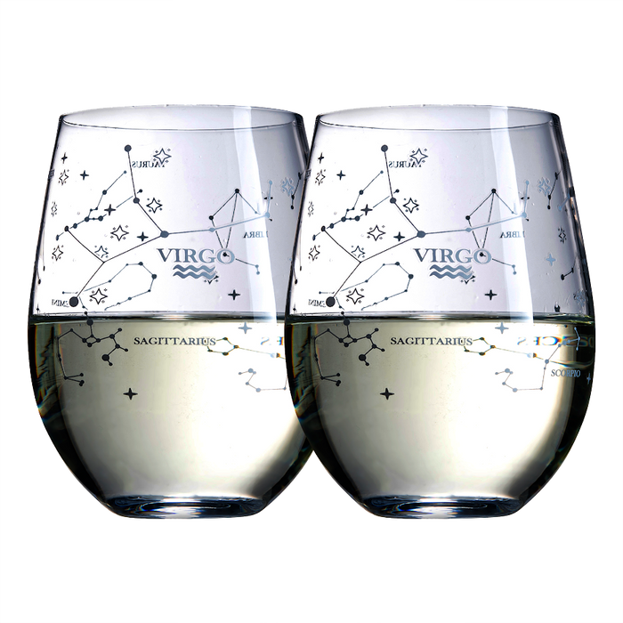 Set of 2 Zodiac Sign Wine Glasses with 2 Wooden Coasters by The Wine Savant - Astrology Drinking Glass Set with Etched Constellation Tumblers for Juice, Water Home Bar Horoscope Gifts 18oz (Virgo)