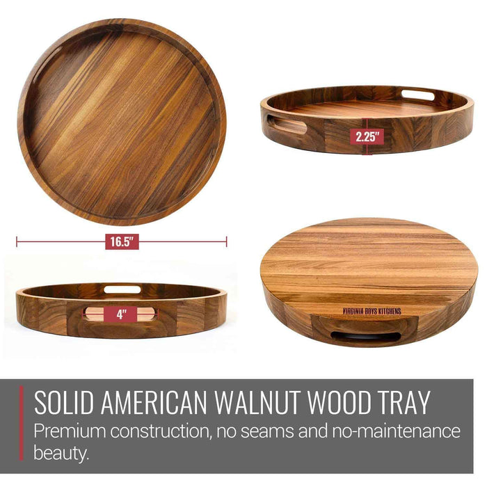 16.5 Inch Round Walnut Wood Serving and Coffee Table Tray with Handles