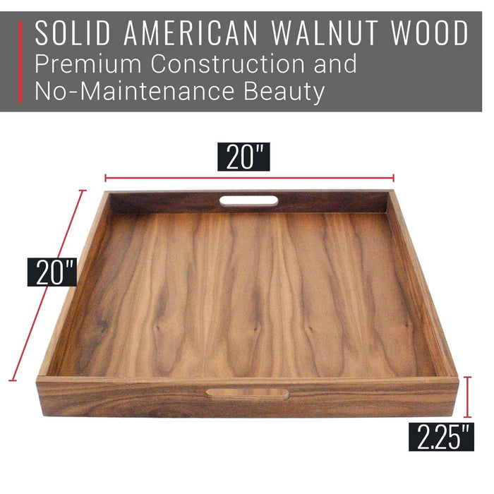 20 x 20 Inch Square Walnut Wood Serving and Coffee Table Tray with Handles