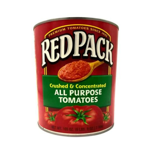 Can of Red Pack Brand Crushed and Concentrated All-Purpose Tomatoes, 6 lbs 5 oz, ideal for enhancing sauces, stews, and soups with rich tomato flavor.