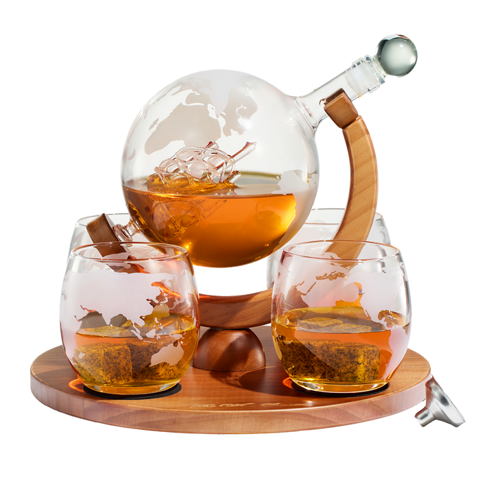 Etched World Decanter whiskey Globe - The Wine Savant Whiskey Gift Set Globe Decanter 750 ml with Antique Ship, Whiskey Stones and 4 World Map 10oz Glasses, Great Gift - Alcohol Related Gift, HOME BAR