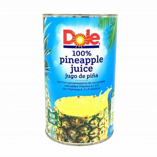 Dole 100% Pure Pineapple Juice in a 46 oz can, rich in Vitamin C and naturally sweetened by ripe pineapples.