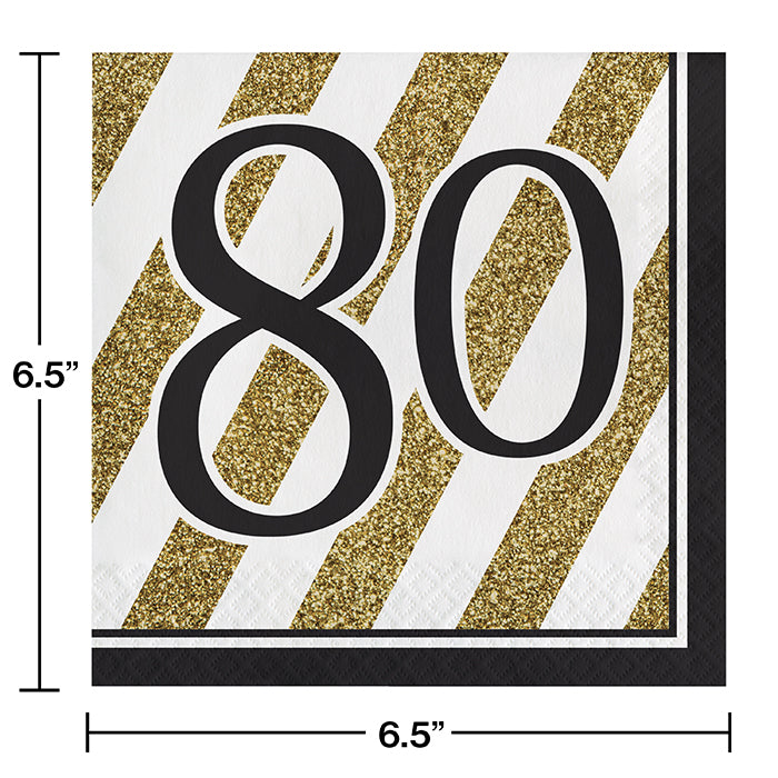 Bulk Black and Gold 80th Birthday Luncheon Napkins (192 per Case)