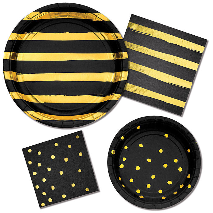 Bulk Black and Gold Foil Striped Luncheon Napkins (192 per Case)