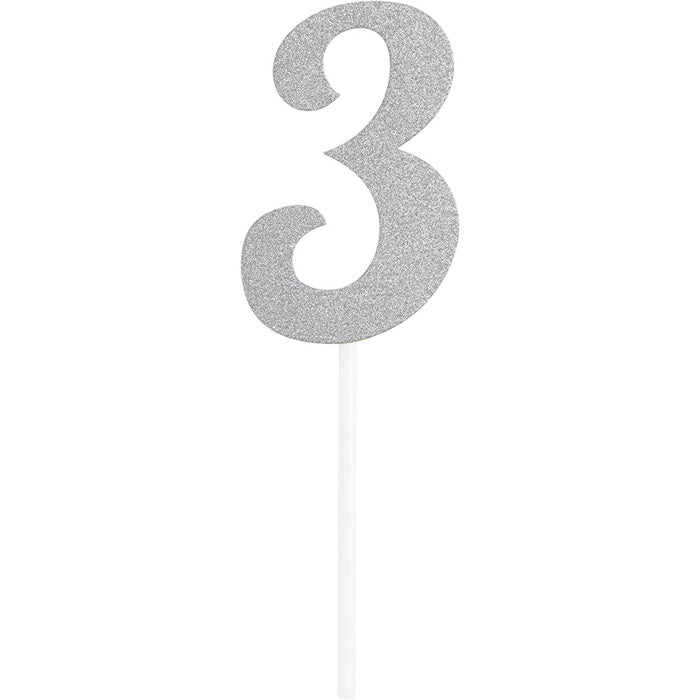 Bulk Number 3 Silver Glitter Cake Toppers (12 per Case)