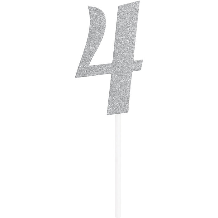 Bulk Number 4 Silver Glitter Cake Toppers (12 per Case)