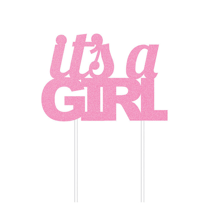 Bulk Pink Glitter It's a Girl Cake Toppers (12 per Case)