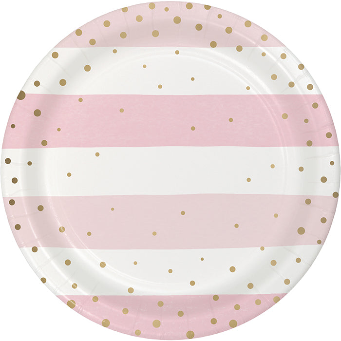 Bulk Pink and Gold Celebration Paper Dessert Plates (96 per Case)